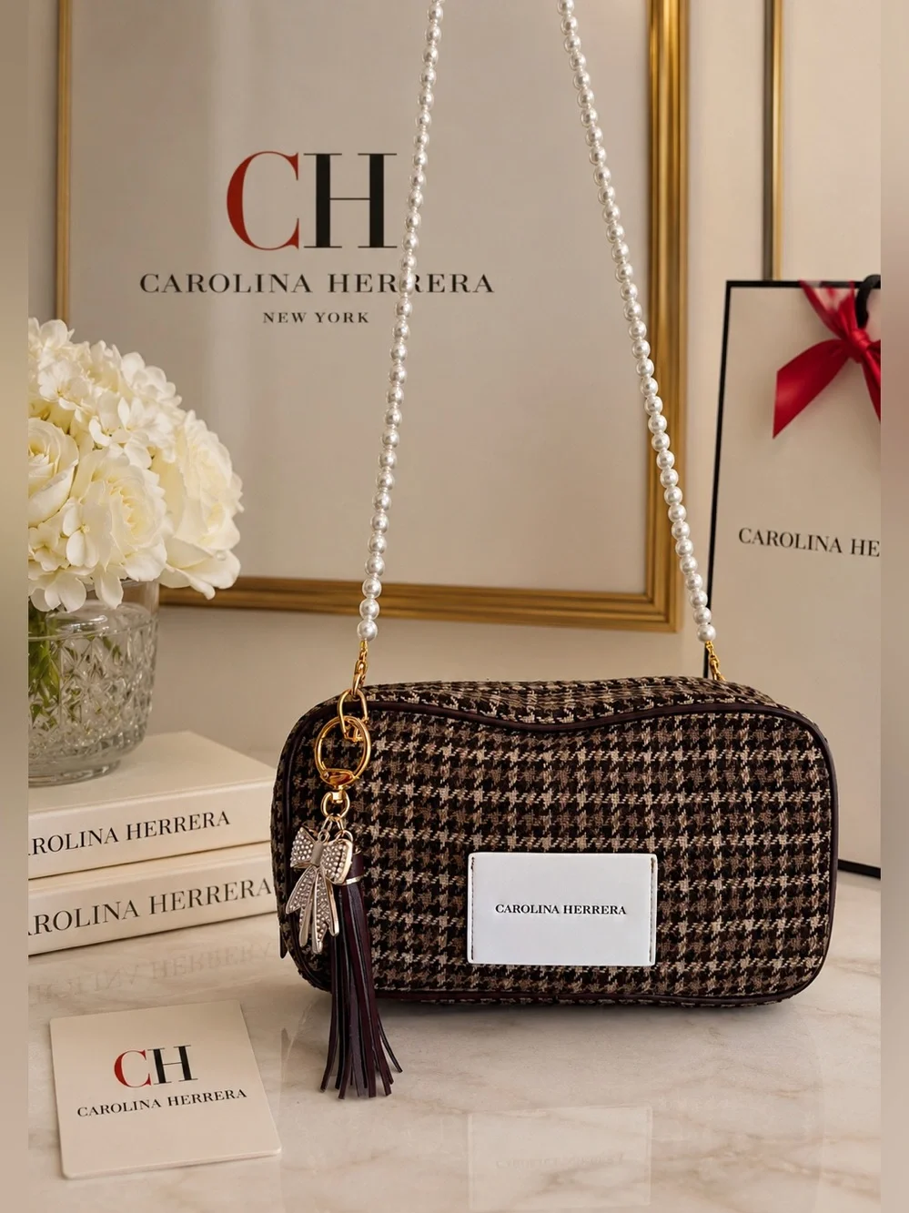 Carolina Herrera Brown Houndstooth Pearl-Handle Shoulder Bag